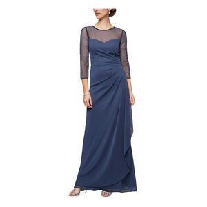 Alex Evenings Women's 8 Beaded Sleeve Cascade Illusion Dress Blue Formal Gown